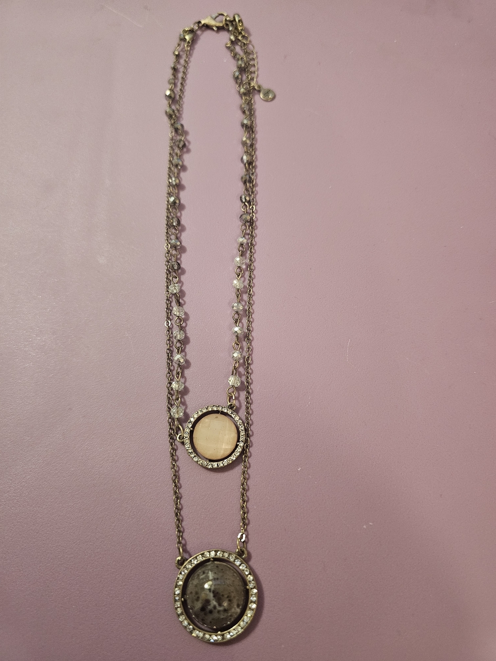 Layered Double Pendant Necklace with Pink and Neutral Stones